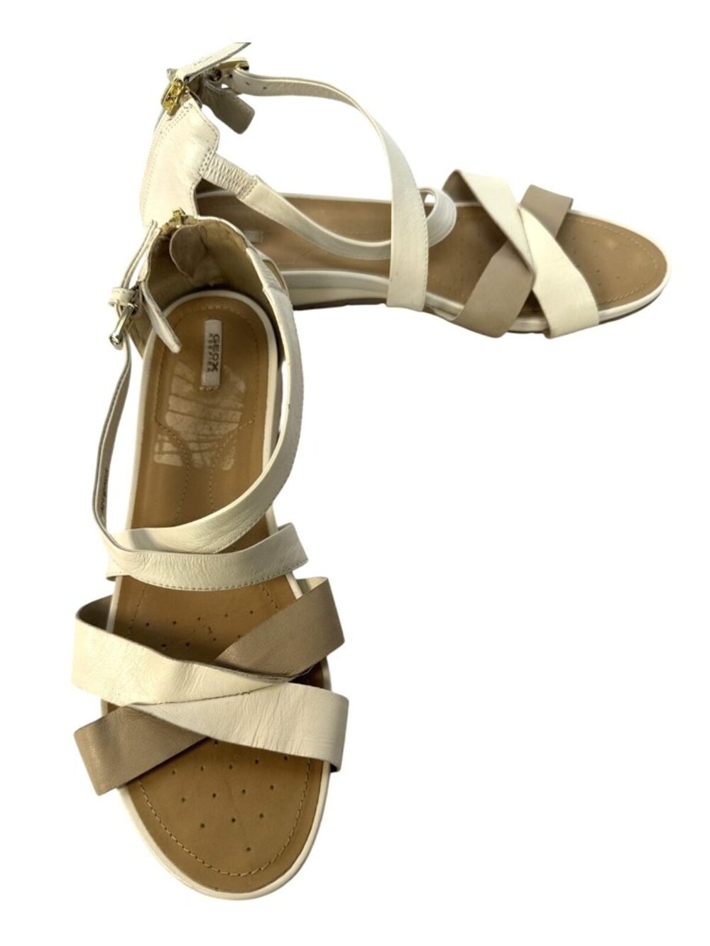 Geox Womens Beige & Cream Strappy Leather Sandals With Buckle Ankle Straps 11